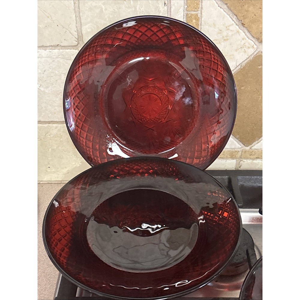 4 Cristal D'Arques-Durand Antique Ruby Star cut Glass Luncheon 8" Salad Plates